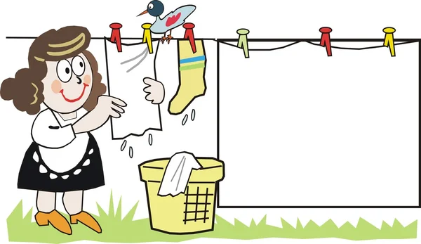 Cartoon of housewife doing domestic tasks hanging up laundry with bird on washing line. — Stock Vector