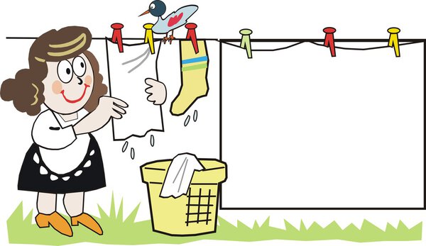 Cartoon of housewife doing domestic tasks hanging up laundry with bird on washing line.