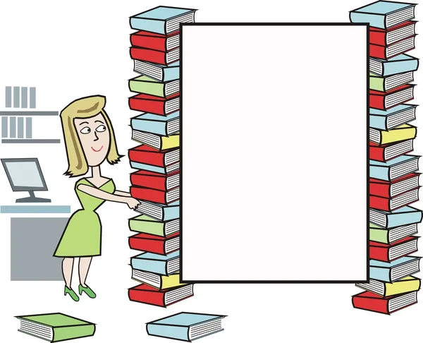 Caricature de bibliothécaire avec des piles de livres et un carré d'affichage vierge . — Image vectorielle