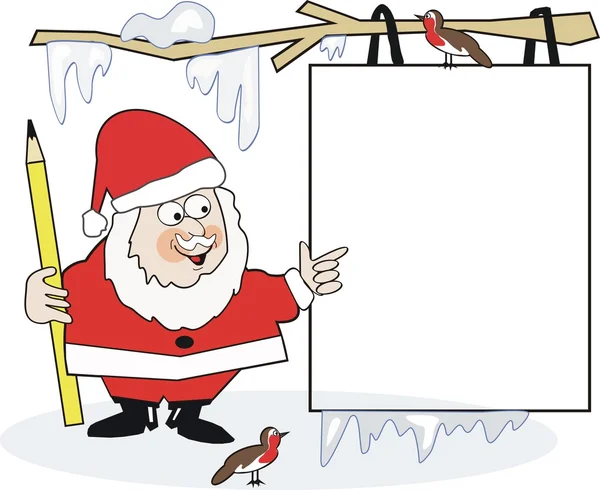 Desenhos animados de Natal de Papai Noel com robins e sinal em branco . — Vetor de Stock