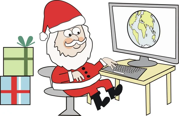 Desenhos animados de Papai Noel no computador com globo mundial . — Vetor de Stock