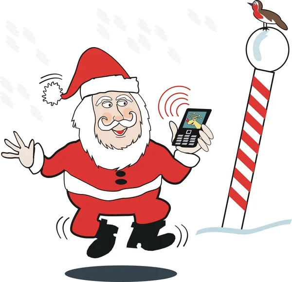 Kreskówka santa Claus na biegun północny odbierania rozmowy przez telefon komórkowy z reniferów. — Wektor stockowy