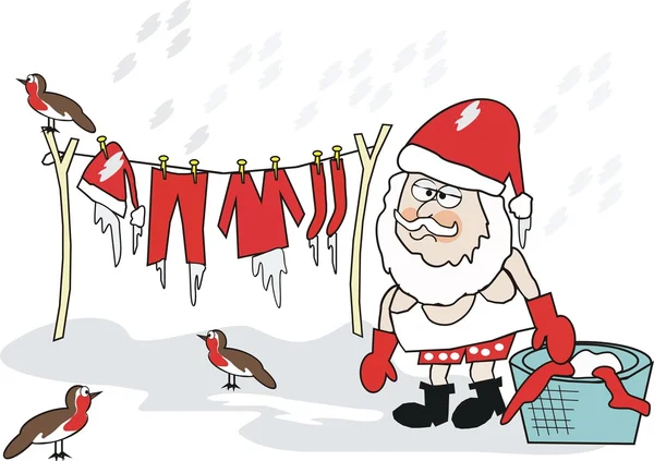 Caricature du Père Noël avec lavage sur corde à linge dans la neige et la glace . — Image vectorielle