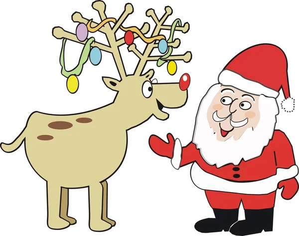 Kreslený santa Claus s sobů zdobené ozdoby a vánoční stuhy. — Stockový vektor
