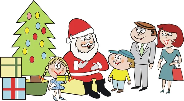 Kreskówka Świętego Mikołaja z dziećmi, prezenty i rodziców. — Wektor stockowy