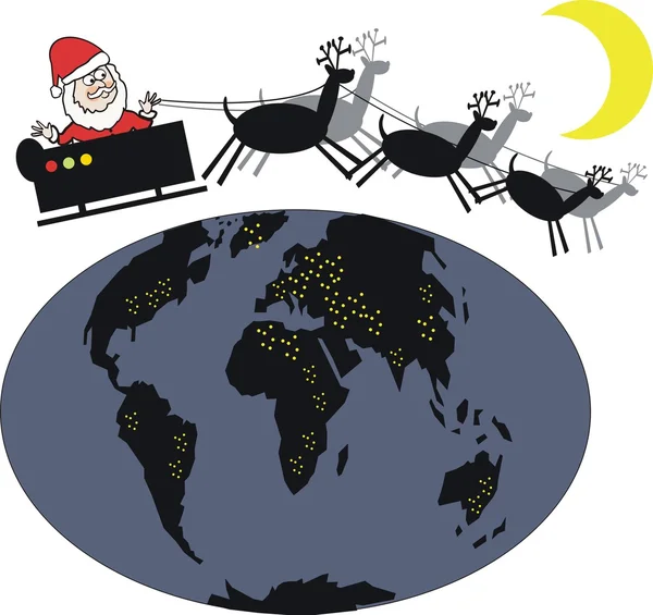 Caricatura vectorial de Santa Claus cabalgando en trineo alrededor del mundo . — Archivo Imágenes Vectoriales