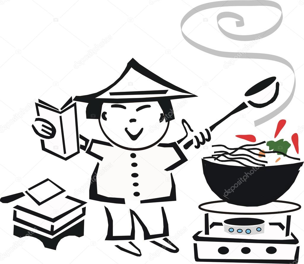 Black and white cartoon of Asian chef cooking food in wok.