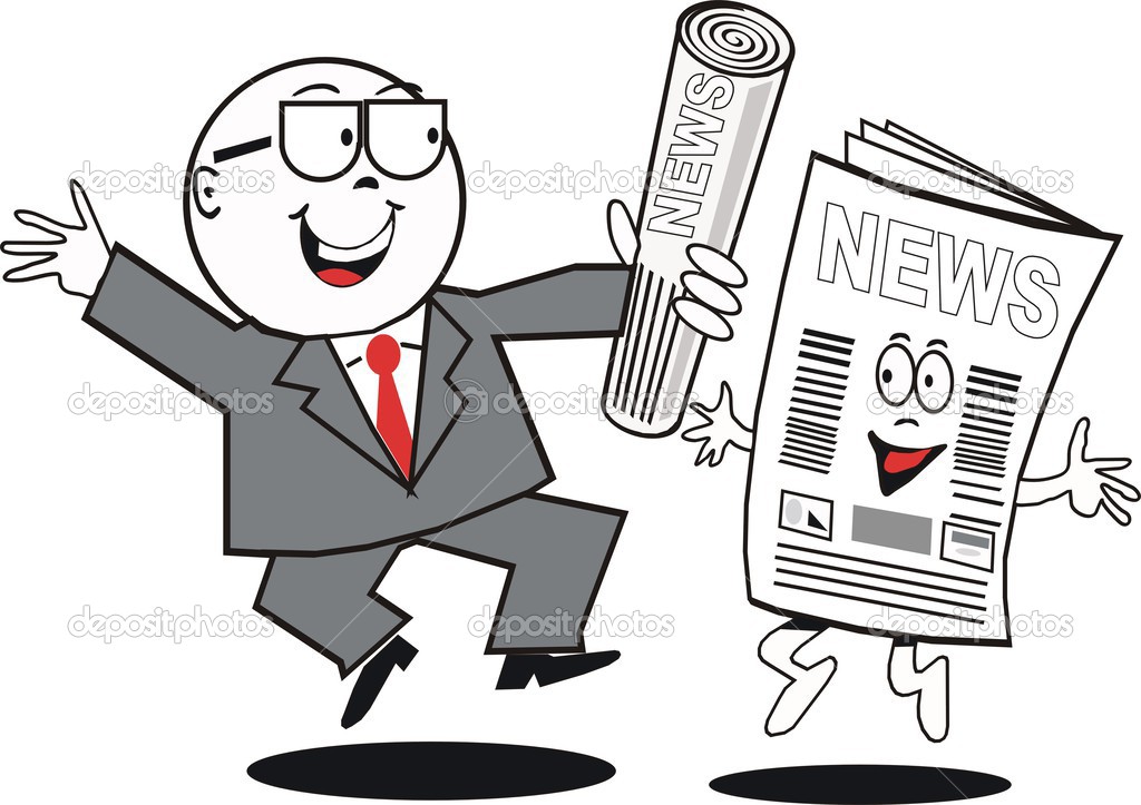 Cartoon of happy businessman celebrating with newspaper.
