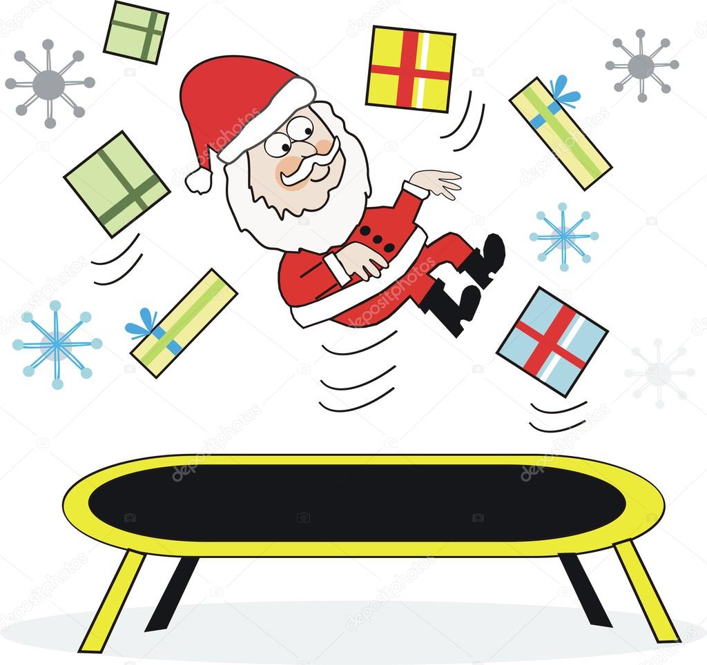 Cartoon of Santa Claus on trampoline with presents and snowflakes.