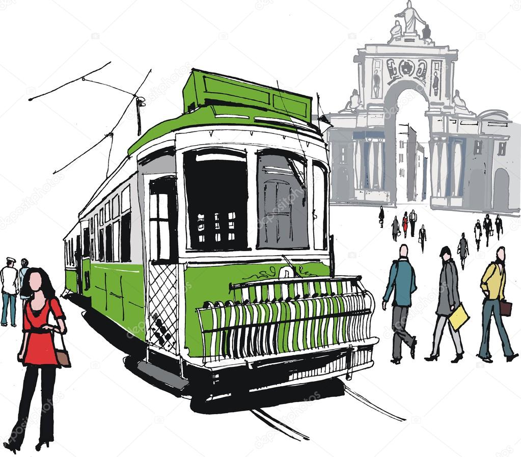Vector illustration of Lisbon city square with old archway, Portugal.