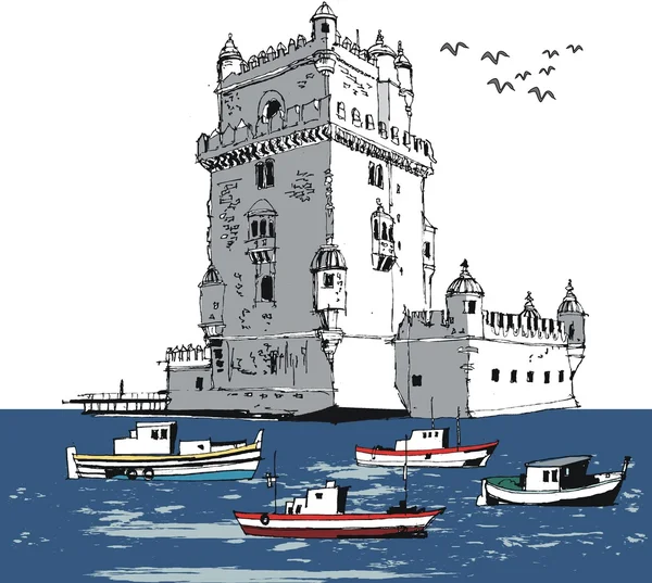Vektor illustration av gamla fort, Lissabon, portugal. — Stock vektor