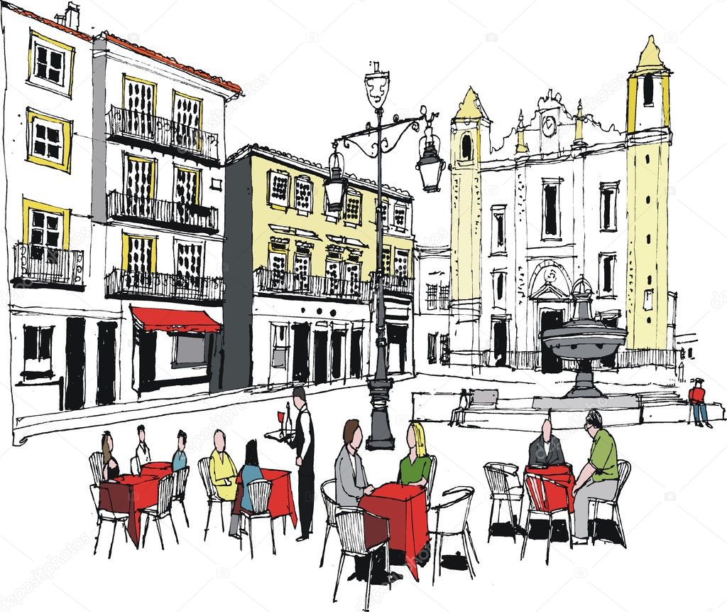 Vector illustration of people dining at French cafe