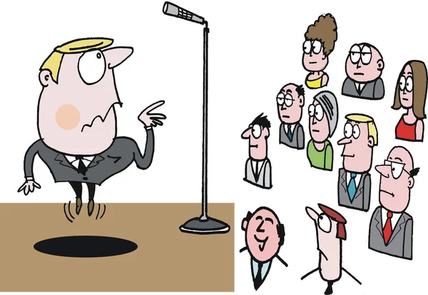 Caricature vectorielle de haut-parleur avant le public essayer d'obtenir microphone — Image vectorielle
