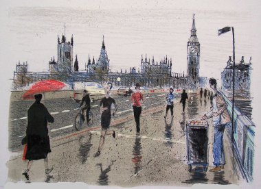 Londra westminster Köprüsü'nde yağmurda yayalar çizimi.