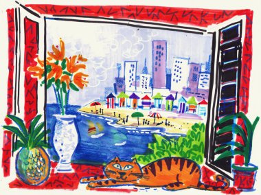 Sahil resort sahne ile stilize kedi balkonundan güzel sanatlar çizimi.