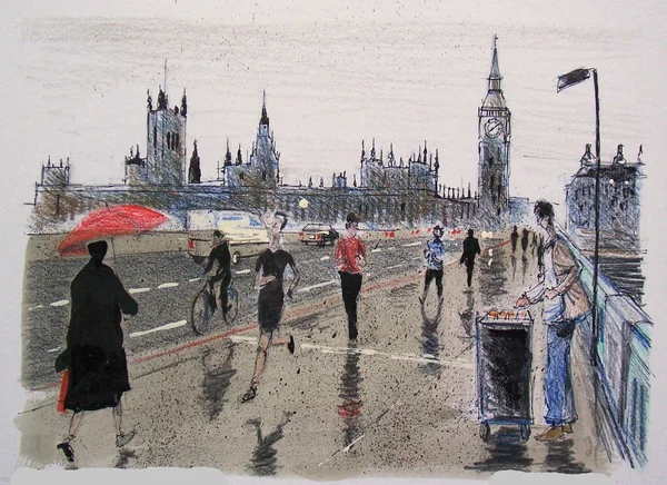 伦敦威斯敏斯特桥上雨中的行人的插图. — 图库照片
