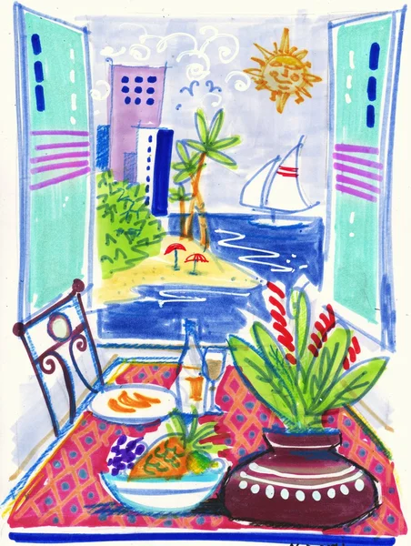 Ilustração da cena de praia com torre salva-vidas, a partir da varanda do hotel . — Fotografia de Stock