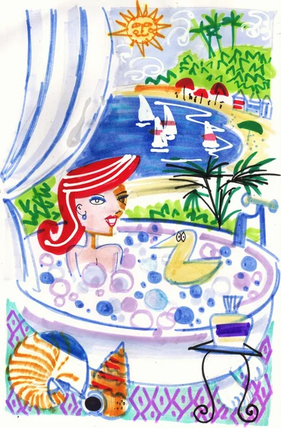 Illustration of woman in bath on balcony with beach tropical view — Stock Photo, Image