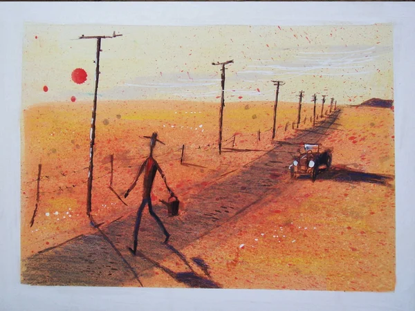 Ilustracja kowbojem chodzić na drodze — Zdjęcie stockowe
