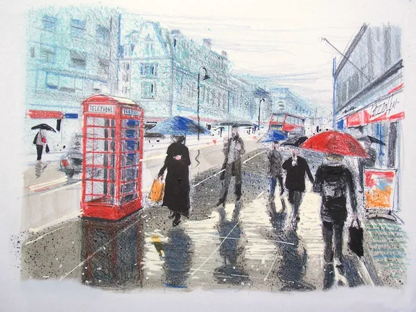 Londra sokakta yürürken umbrella olan insanlar gösteren resim