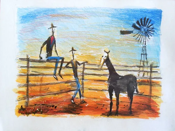 Illustration of two cowboys sitting on fence and talking — Stock Photo, Image
