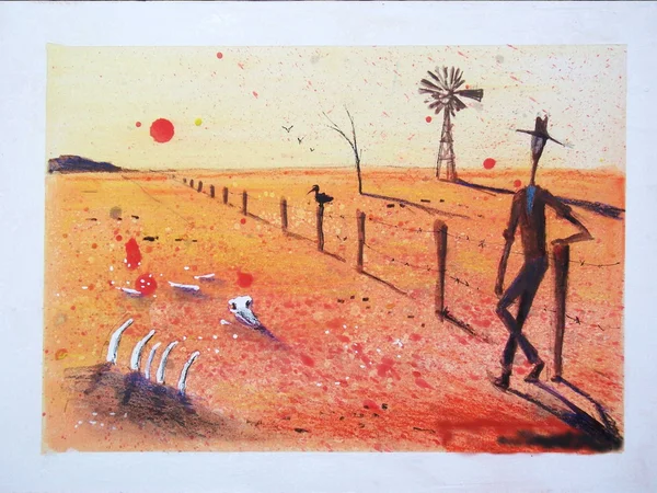 Ilustracja kowbojem pustyni w pobliżu ogrodzenia swojego gospodarstwa — Zdjęcie stockowe