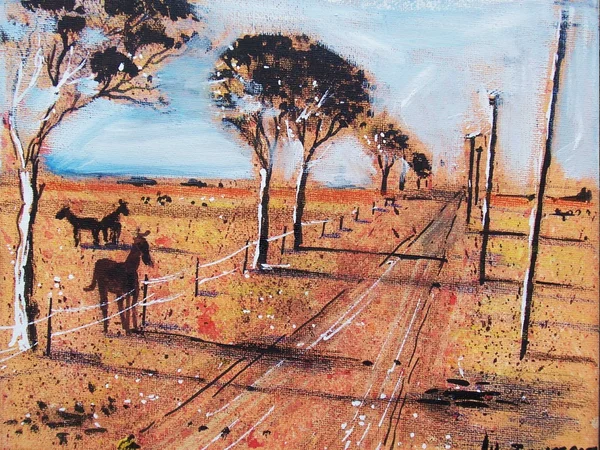 Illustration of country road and horses on a field — Stock Photo, Image