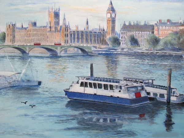 船舶、 泰晤士河畔、 伦敦英格兰的插图. — 图库照片