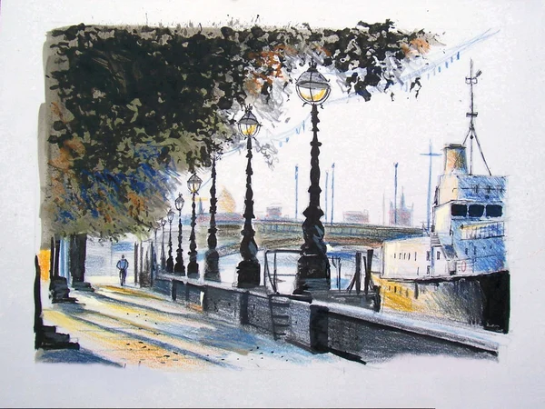 Illustration of man walking on Embankment, river Thames, London England. — Stock Photo, Image