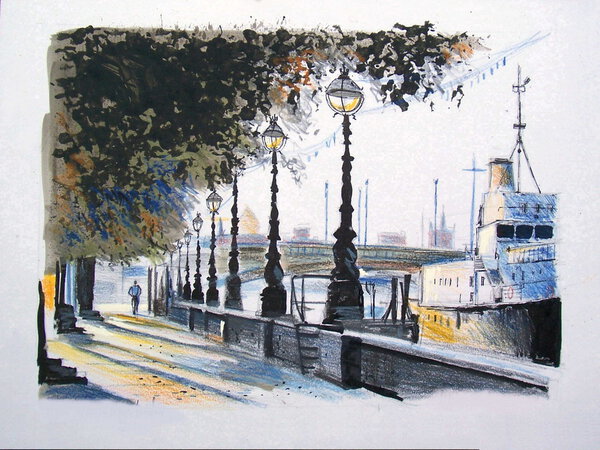Illustration of man walking on Embankment, river Thames, London England.