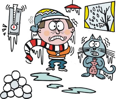 Vector cartoon cat and owner freezing at home, icicles