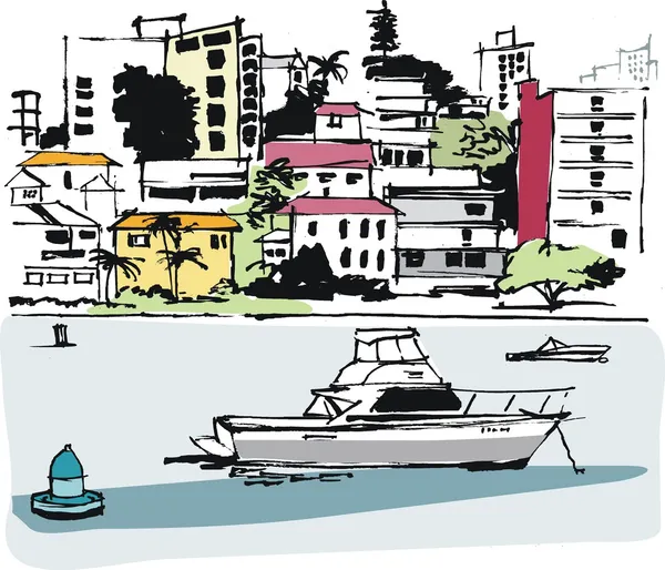 Ilustração de barco e paisagem urbana — Vetor de Stock