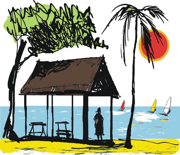 Ilustração vetorial do homem em pé na praia ao pôr do sol — Vetor de Stock