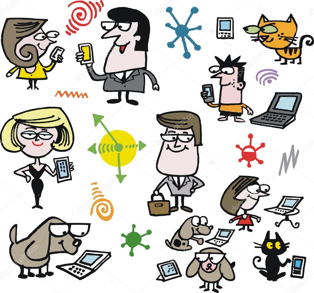 Vector illustration of business people, dogs and cats