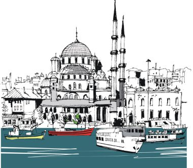 istanbul sahil tekne ile vektör çizim