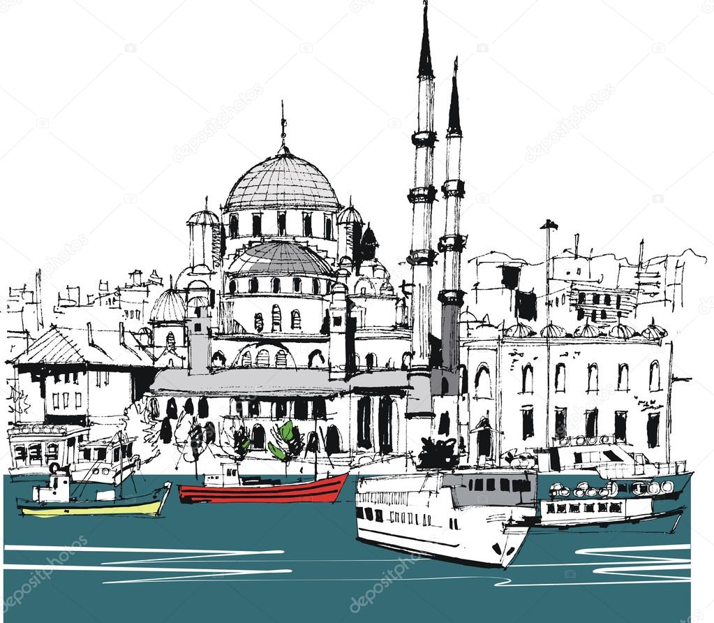 Vector illustration of Istanbul waterfront with boats