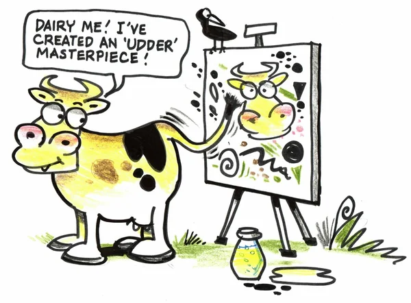 Funny cow painting picture on easel cartoon — Stock Photo, Image