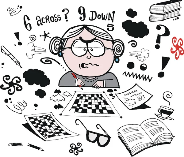 Vektor-Karikatur der besorgten Großmutter beim Lösen von Kreuzworträtseln — Stockvektor