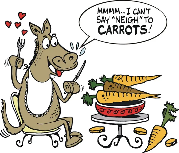 ニンジンのプレートを食べる空腹の馬のベクトルの漫画 — ストックベクタ