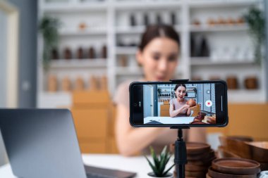 Asian beautiful woman sell vase product online live streaming at home. Young attractive girl use laptop computer shows goods to customer and present detail. Remote buying and purchase shopping concept