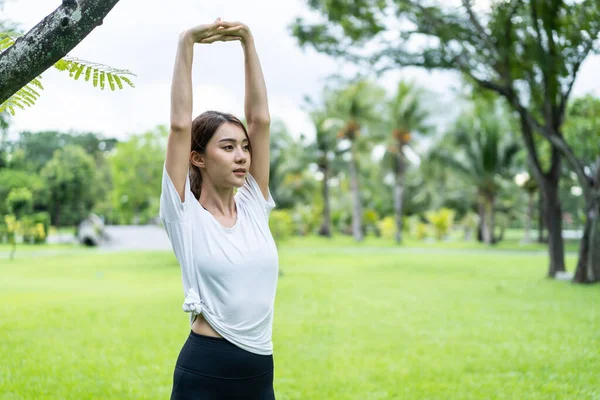Asyalı genç sporcu kadın parkta egzersiz yapmadan önce vücut ısısını arttırıyor. Spor giyim sektöründe sportif güzel bir atlet. Akşamları yoga yapıyor. Gün batımında Pubplic Park 'ta sağlık ve refah için.