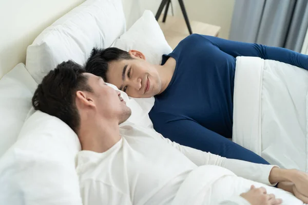 Asian Handsome Man Gay Couple Lying Bed Look Each Other — Stock Photo, Image