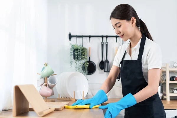 Asian Young Cleaning Service Woman Worker Clean Kitchen Table Home — Foto de Stock