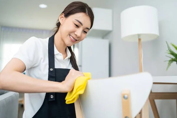 Asian Cleaning Service Woman Worker Cleaning Living Room Home Beautiful — Zdjęcie stockowe