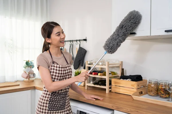 Asian Cleaning Service Woman Worker Cleaning Kitchen Room Home Beautiful — Zdjęcie stockowe