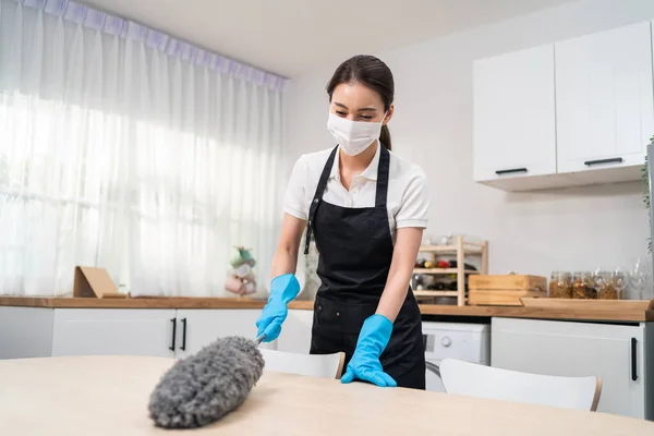 Asian Cleaning Service Woman Worker Cleaning Kitchen Room Home Beautiful — Stock Fotó