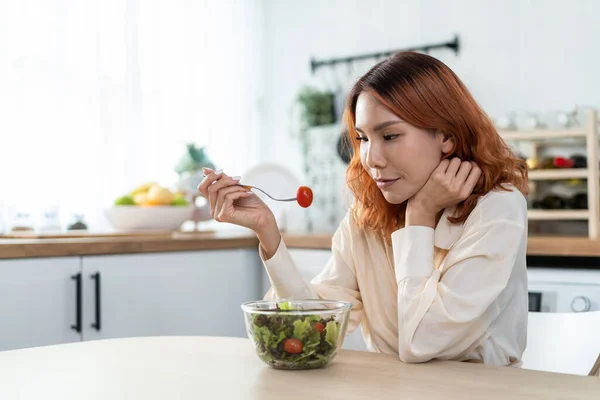 Asian Young Happy Attractive Woman Eat Green Salad Kitchen Home — Stockfoto