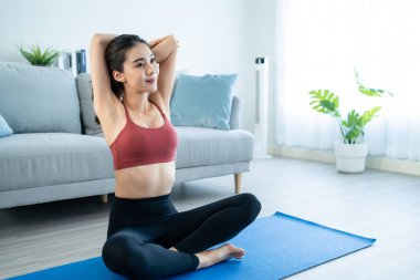 Asyalı genç, güzel, aktif bir kadın evde yoga pilates yapıyor. Spor giyim sektöründeki çekici kız mutlu ve rahatlamış hisset, evdeki oturma odasındaki çevrimiçi eğitmenin alıştırma videosunu izle.