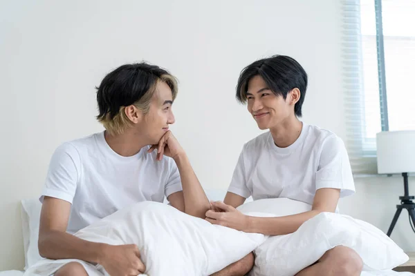 Portrait Asian Handsome Gay Couple Sit Bed Bedroom Home Attractive — Stok fotoğraf