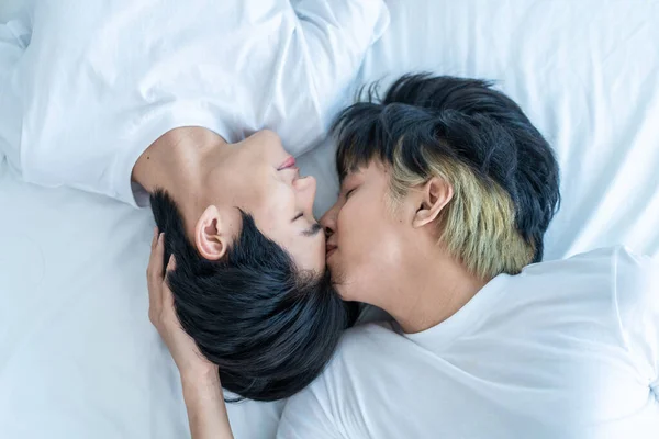 Asian Attractive Gay Kiss Boyfriend Forehead Wake Sleep Handsome Romantic — Stok fotoğraf